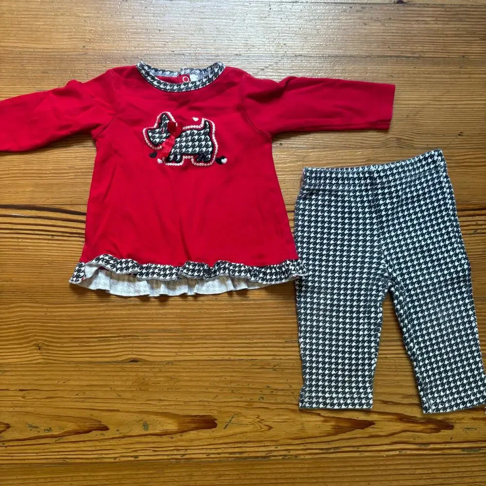 Nursery Rhyme vintage 90s red‎ black white plaid scottie dog set SIZE 9M